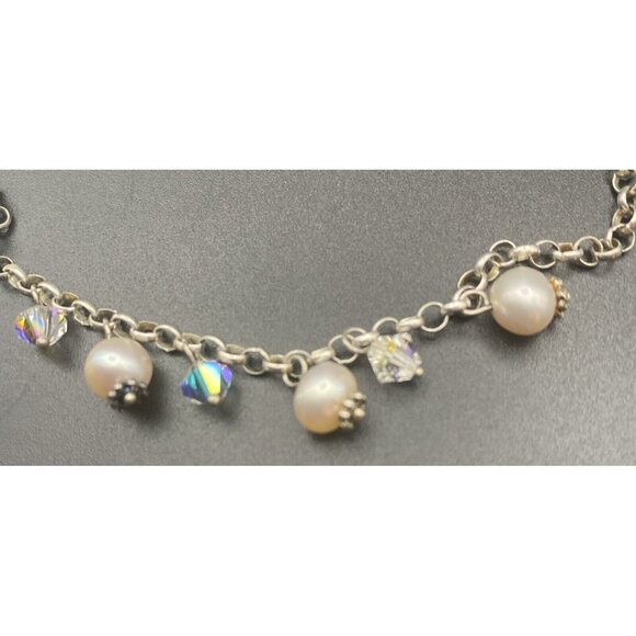 Sterling Silver Necklace Heart Natural Pearl AB Crystal Rolo Chain 16 + 1.5" - Picture 6 of 6